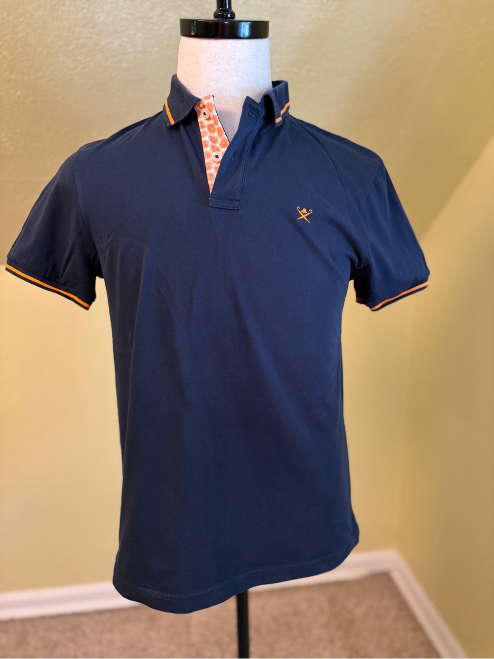Hackett London Navy Polo with Orange Trim British Quiet Luxury Preppy Umbrellas
